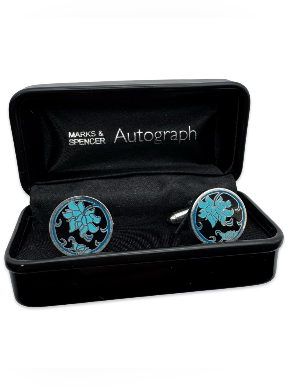Marks & Spencer Autograph Cufflinks Turquoise Lotus Enamel Oval